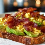 Deliciously prepared Bacon Avocado Toast topped with crispy bacon and fresh avocado.