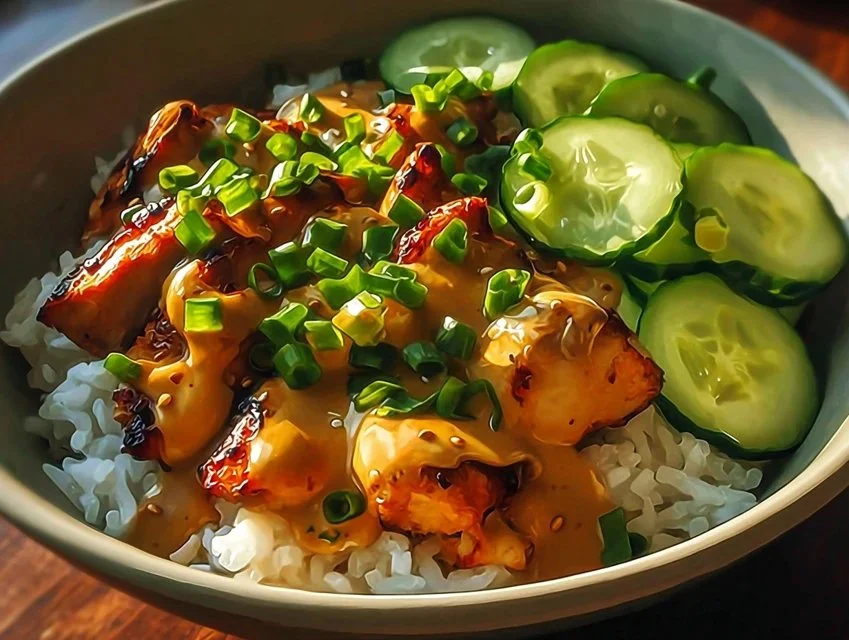 Delicious Bang Bang Chicken Bowl topped with creamy sauce and fresh ingredients