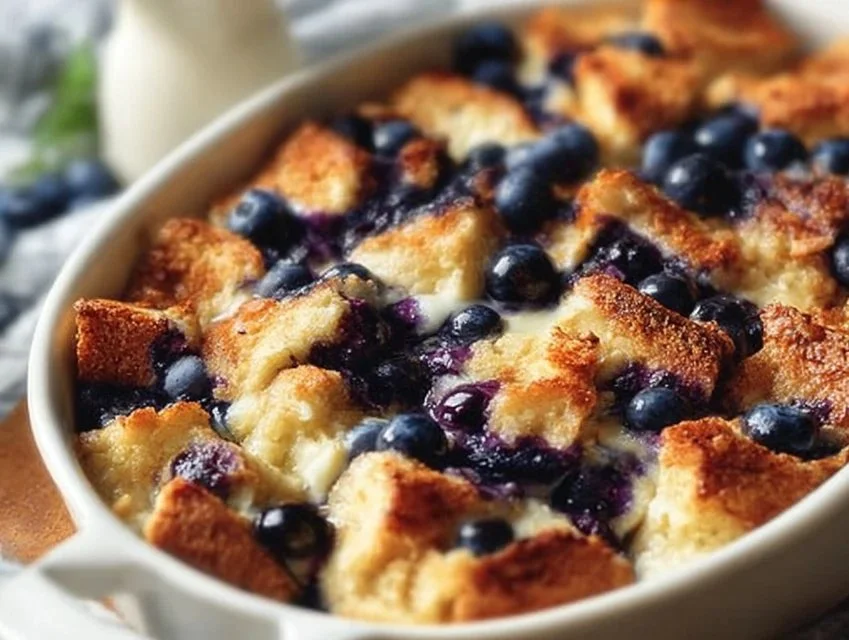 Delicious Blueberry French Toast Casserole topped with fresh blueberries