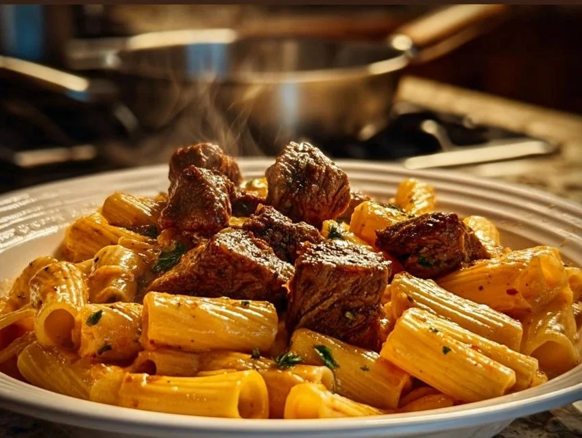 Cajun Steak Tips with Cheesy Rigatoni