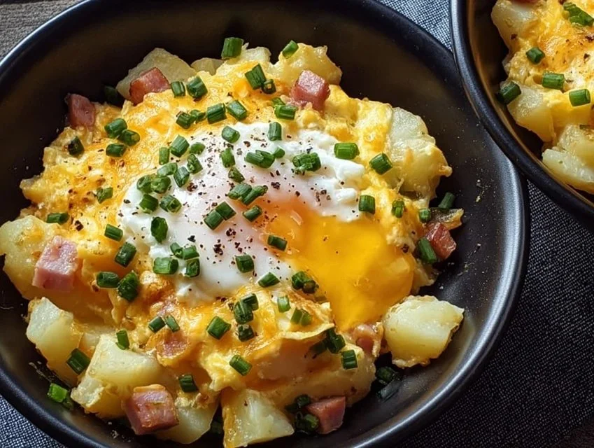 Cheesy potato egg scramble served in a bowl with fresh herbs