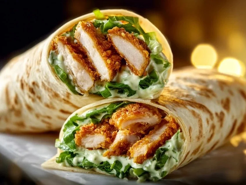 Delicious Chicken Caesar Wrap filled with romaine, grilled chicken, and Caesar dressing