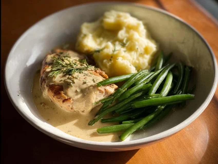 Delicious Chicken Schnitzels topped with creamy sauce on a plate