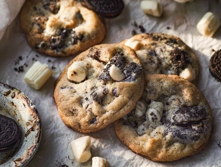 Deliciously baked Cookies and Cream Cookies with chocolate chunks and creamy filling