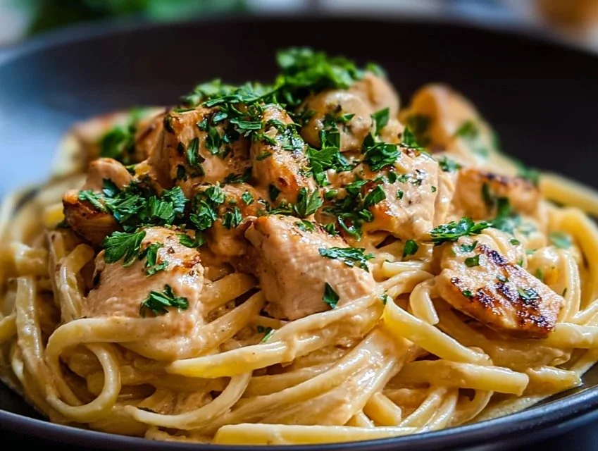 Plate of Cowboy Butter Chicken Linguine garnished with herbs