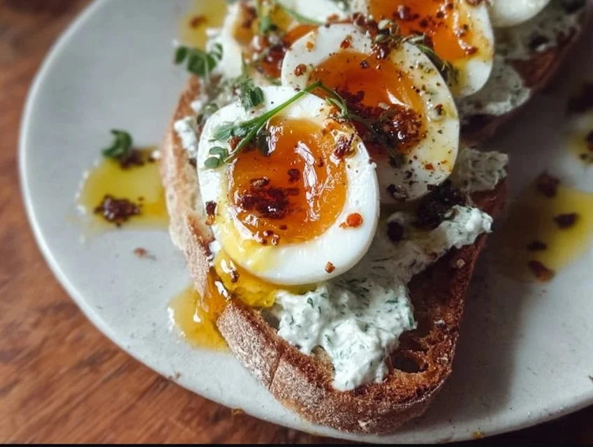 Creamy herbed yogurt served with soft-cooked eggs in a bowl.