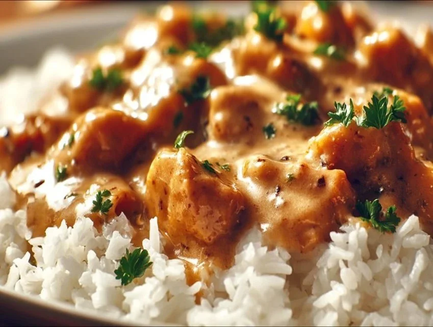 Creamy smothered chicken served with rice, topped with rich gravy and herbs.