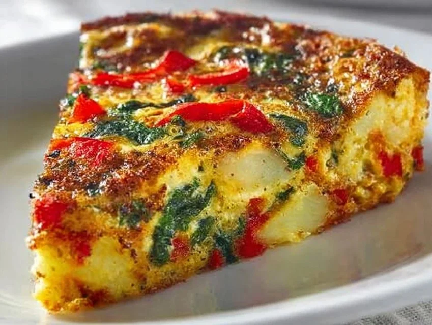 Easy frittata recipe with potatoes, red peppers, and spinach for a healthy meal