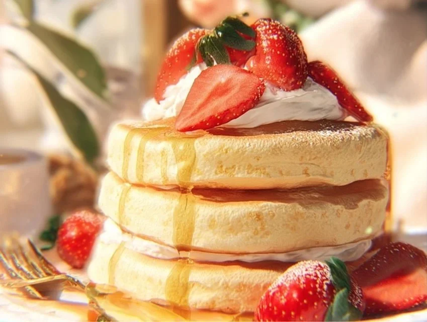 Fluffy Japanese soufflé pancakes served on a plate with syrup and berries