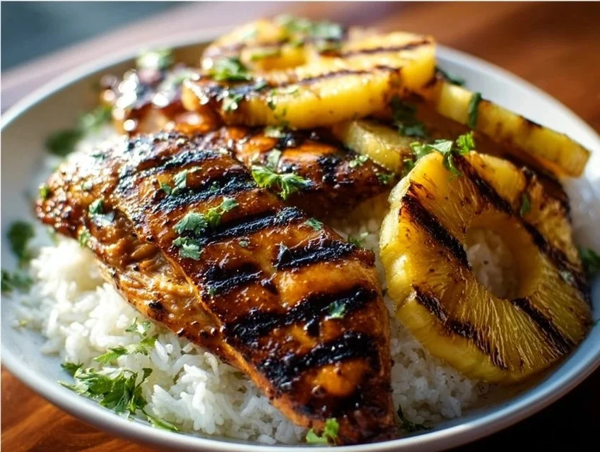 Delicious Hawaiian Chicken served with pineapple and coconut rice