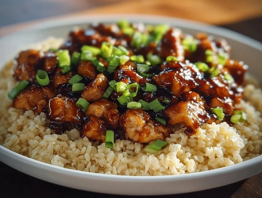 Delicious Honey BBQ Chicken served over rice with a flavorful glaze.
