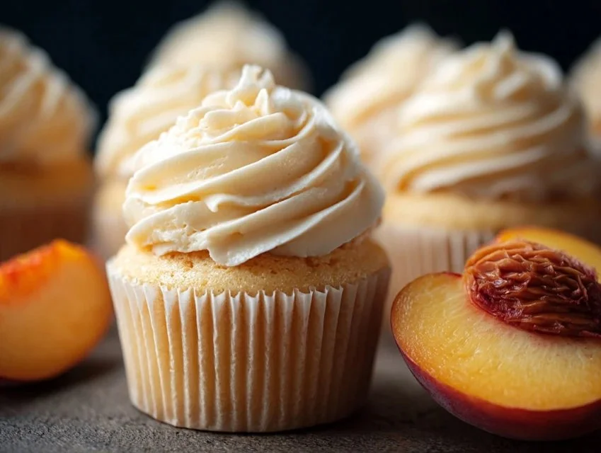 Honey peach cream cheese cupcakes topped with creamy frosting and fresh peaches