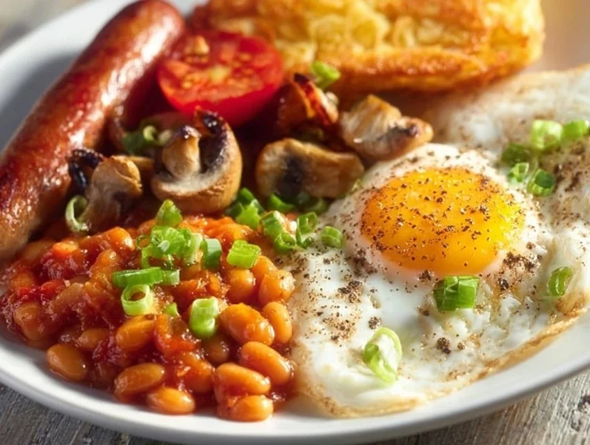 Components of a full English breakfast including eggs, bacon, beans, and toast.
