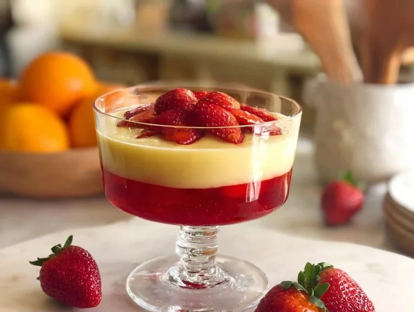 Delicious jelly custard trifle dessert with layers of jelly and custard