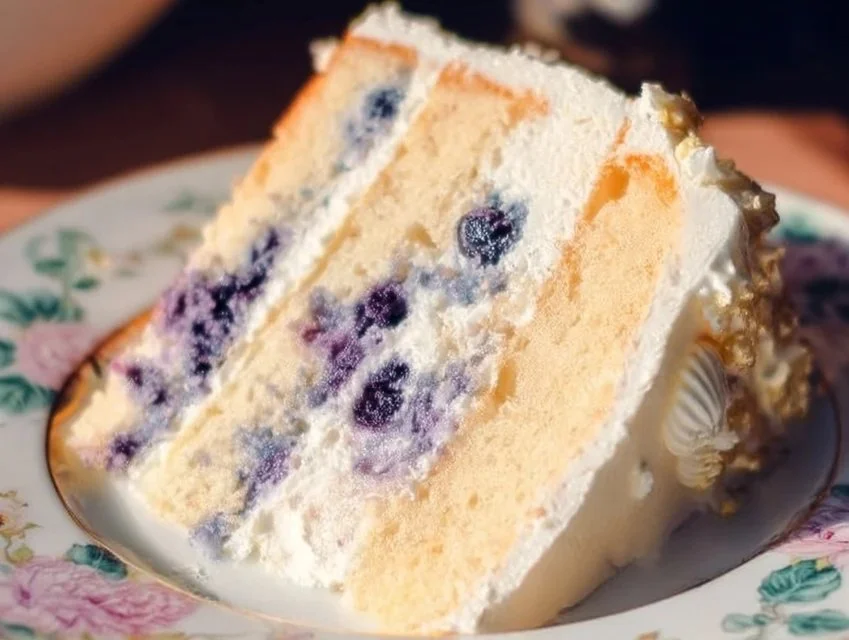 Delicious Lemon Blueberry Cake topped with fresh blueberries and lemon zest.