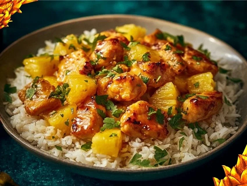 One-Pan Pineapple Chicken with Rice dish garnished with green onions