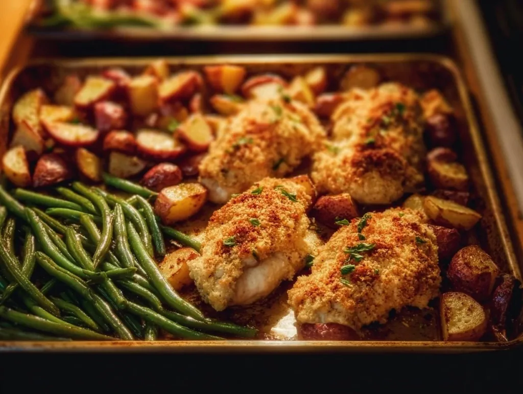 Delicious Parmesan Crusted Chicken on a sheet pan with vegetables