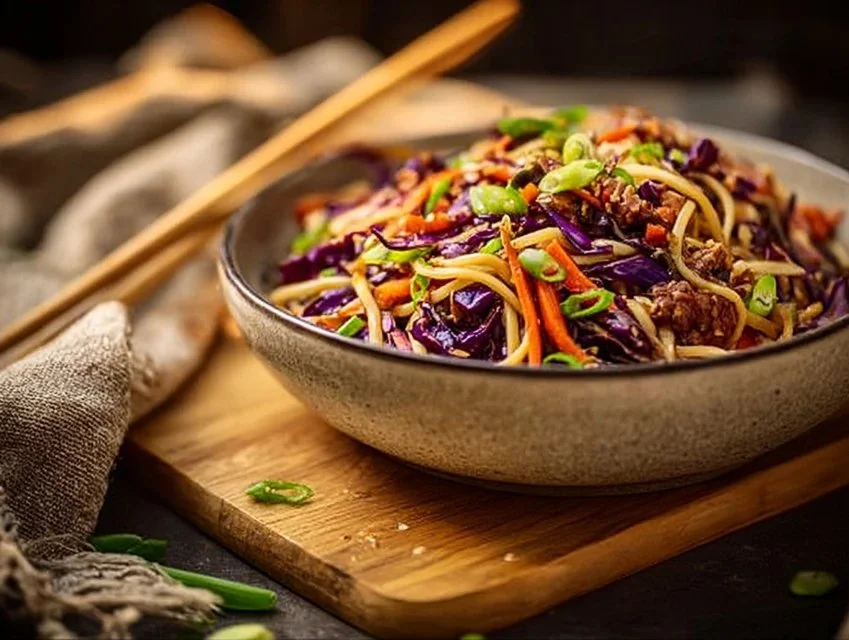 Delicious bowl of potsticker noodle bowls with fresh ingredients