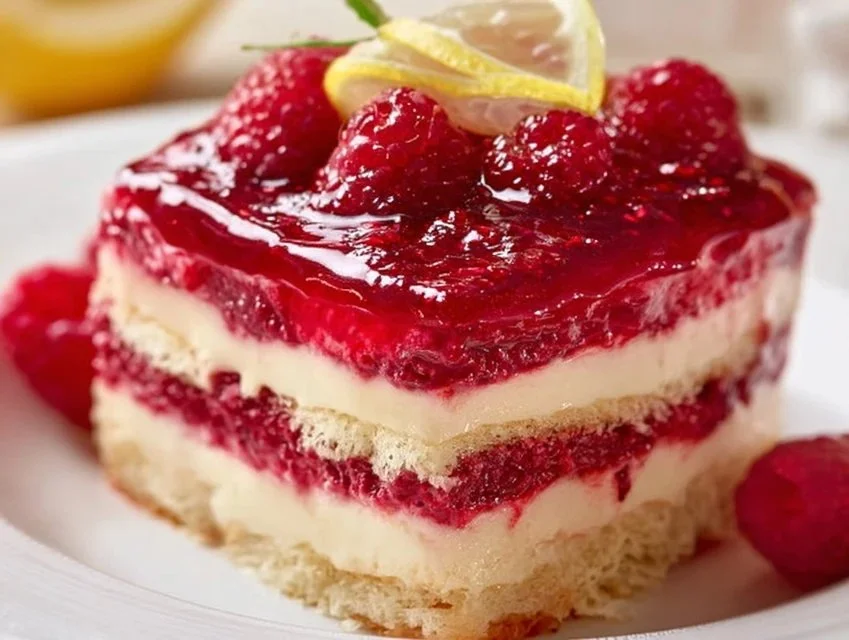 Delicious Raspberry Tiramisu with layers of mascarpone and fresh raspberries