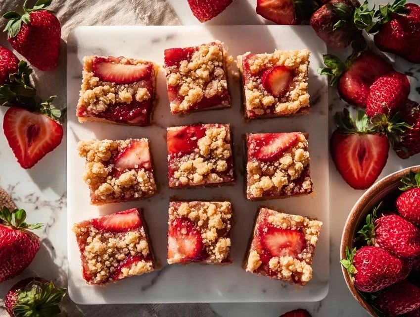 Freshly baked strawberry oatmeal crumble bars with a golden topping
