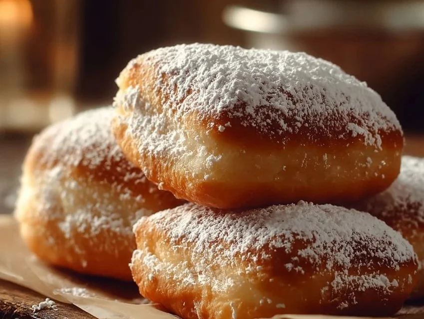 Freshly made Vanilla French Beignets dusted with powdered sugar