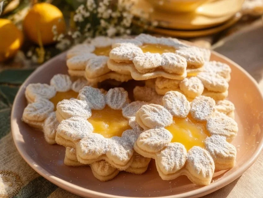 Vegan Lemon Curd Shortbread Cookies arranged on a plate with lemon slices